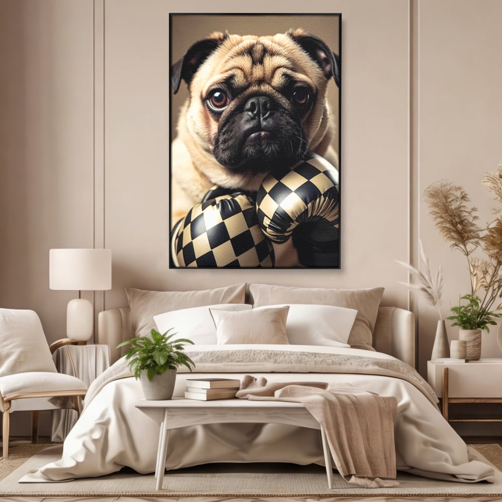 Tablou canvas cu tablou canvas cu pug in manusi de box, in rama de aluminiu negru, pe perete intr-un dormitor